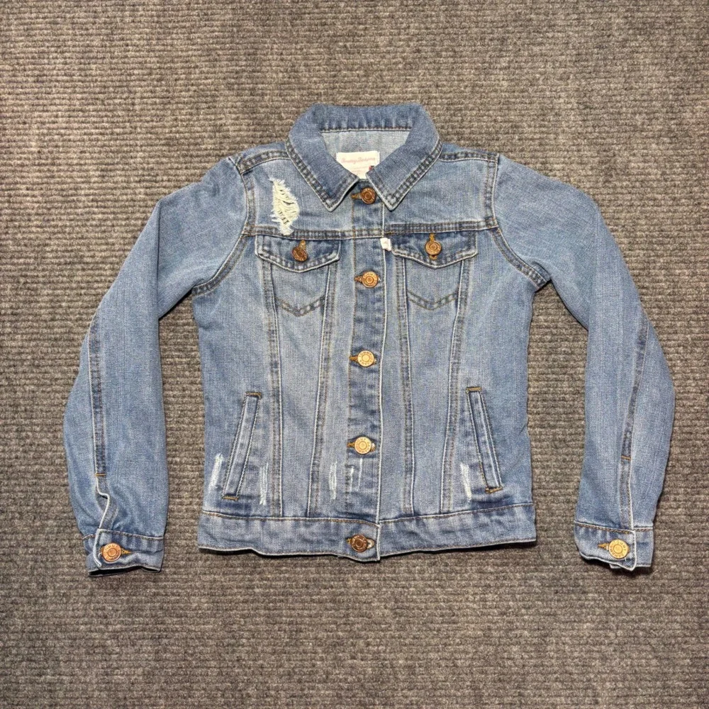 Tommy Bahama Girls Distressed Denim Jacket Light Wash Blue Size 7 Kids Trucker